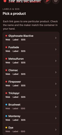 The Labels & SDS list, four herbicides each showing the product page, label and Safety Data Sheet links they hold