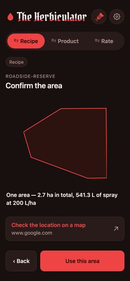 The Herbiculator showing a mapped nature reserve boundary used to work out tank volume