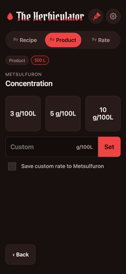 Picking a rate for Genfarm Metsulfuron 600 WG from saved rates of 3, 5 and 10 grams per 100 litres